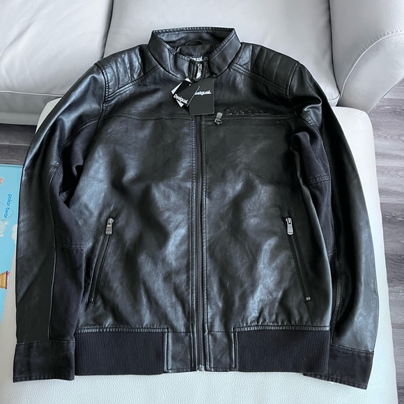 NWT - Desigual Men’s Zip Up Biker Jacket - Vegan Leather+Denim - Size L & XL - Picture 4 of 12